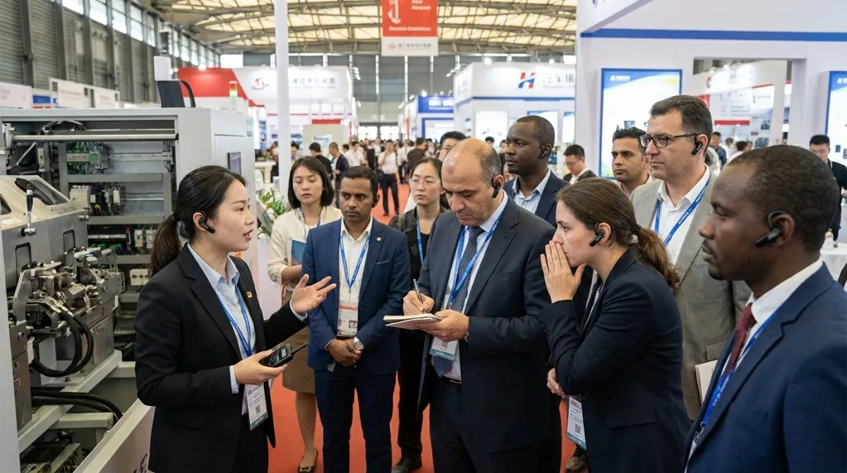 International buyers wearing wireless earpieces during a multilingual trade show booth tour International buyers wearing wireless earpieces during a multilingual trade show booth tour